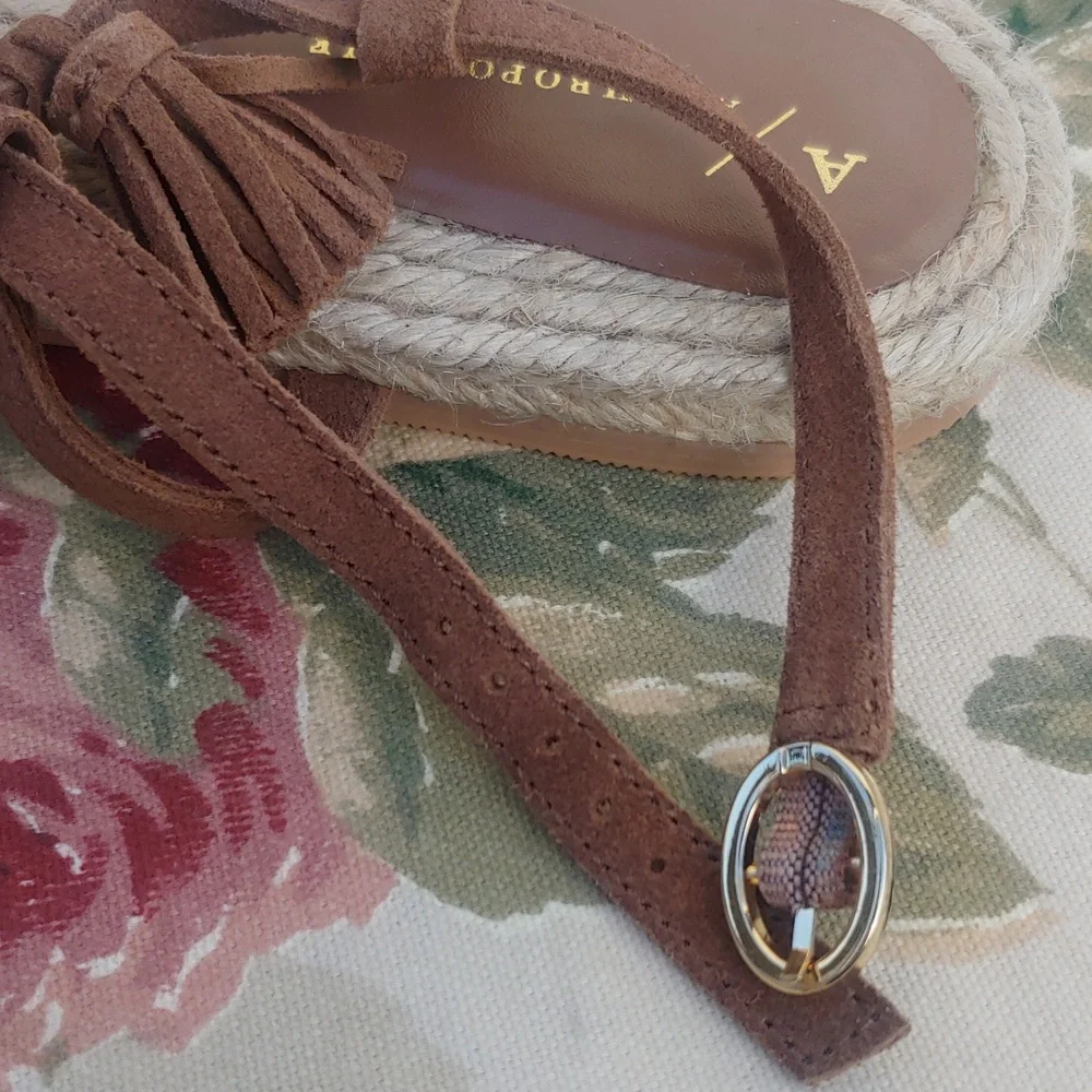 Anthropologie Brown Suede and Jute Rope Women's Sandals with Tassels size 8